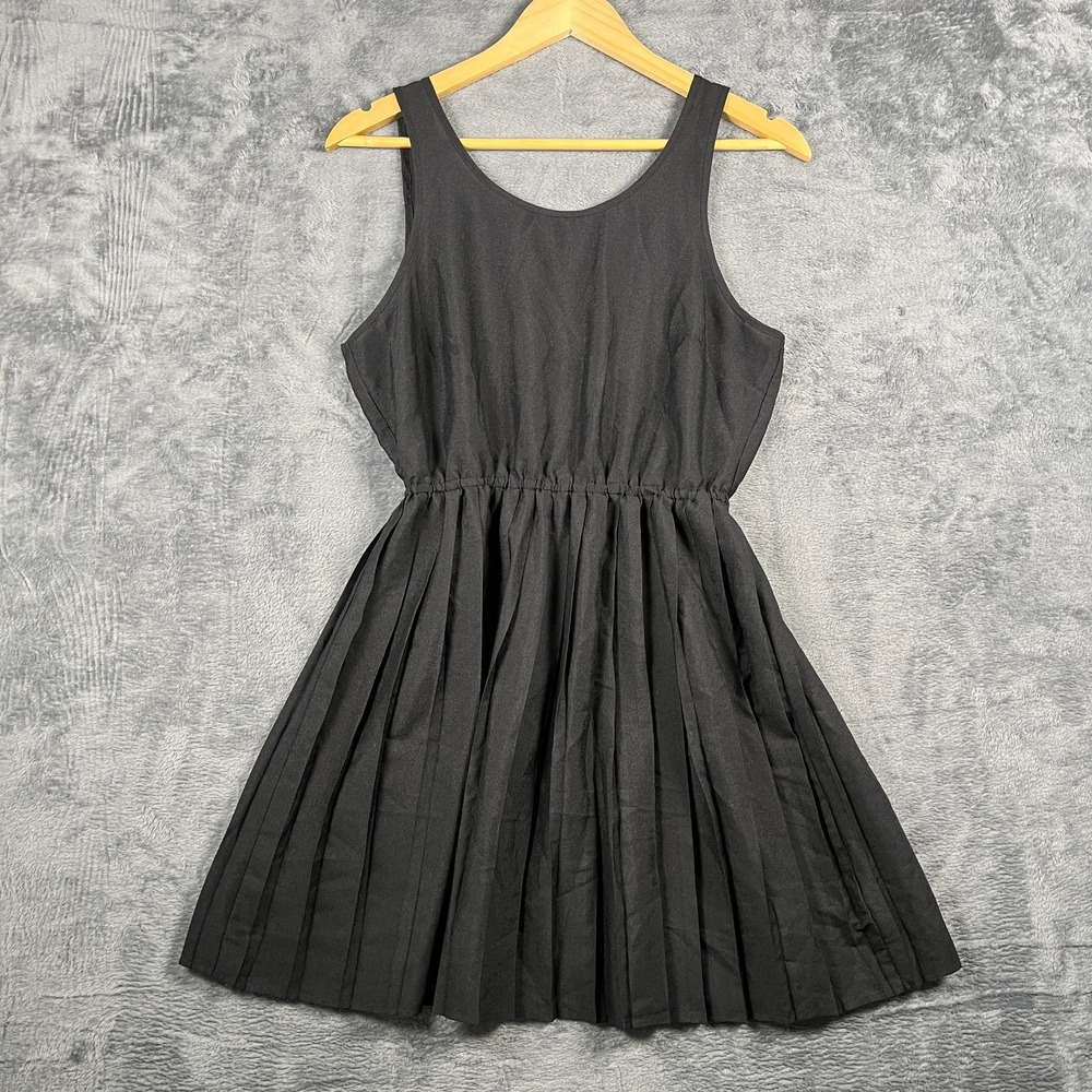 I Love H81 Mini Dress Womens Medium Black Cinched Waist Pleated V Neck Festival